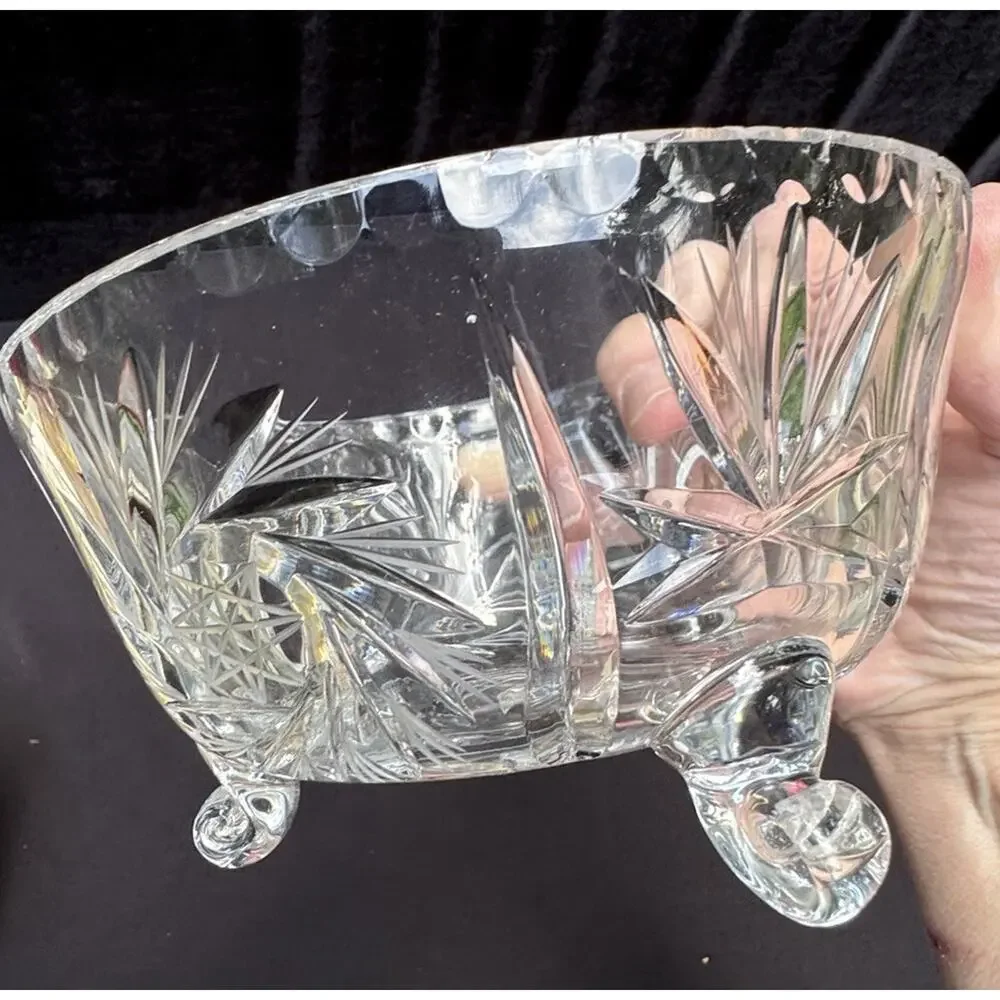 Vtg Crystal Glass Pinwheel Center Star Of David Pattern Footed Serving Bowl -C13